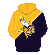 Load image into Gallery viewer, N.F.L.MINNESOTA-VIKINGS-TRENDY-PULLOVER-TEAM-HOODIES/NICE-CUSTOM-3D-EFFECT-GRAPHIC-PRINTED-DOUBLE-SIDED-ALL-OVER-OFFICIAL-VIKINGS-LOGOS & IN-VIKINGS-OFFICIAL-TEAM-COLORS/WARM-PREMIUM-OFFICIAL-TEAM-PULLOVER-POCKET-HOODIES